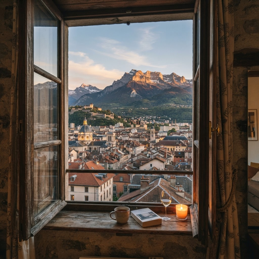 Vue sur les toits de Grenoble avec les montagnes en arrière-plan au coucher du soleil